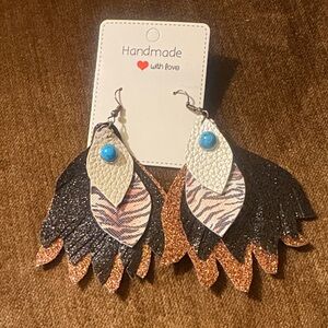 Handmade Tiger Eyed Feathered Earrings